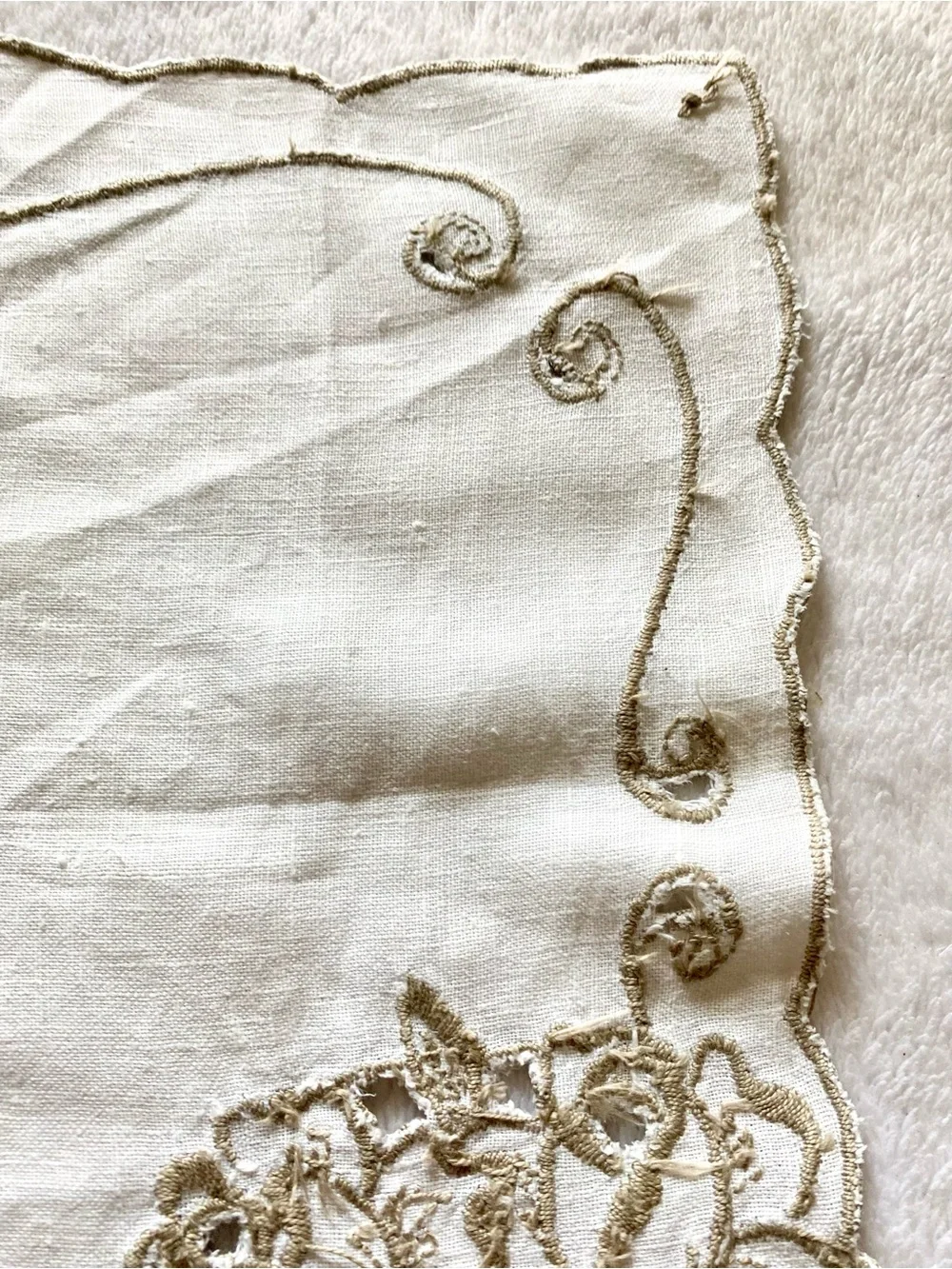 Vintage Cream Table Linen with Gold Embroidered Scrollwork
